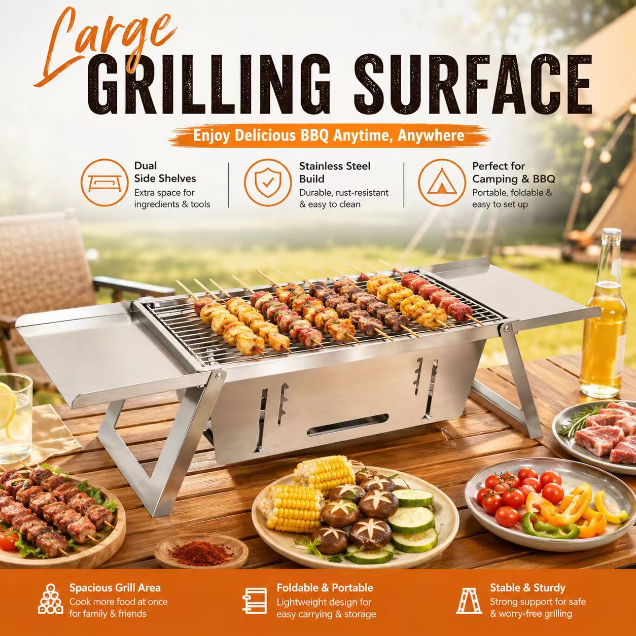 Camp Grill Portable Folding - Parrilla de Carbón Plegable de Acero